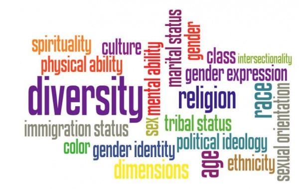 Word cloud related to diversity including spirituality, age, culture, immigration status, physical ability, and gender identity among other dimensions