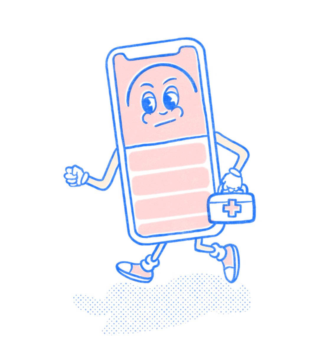 EMS Pocket Prep mascot runs and carries a paramedic bag. Illustration.