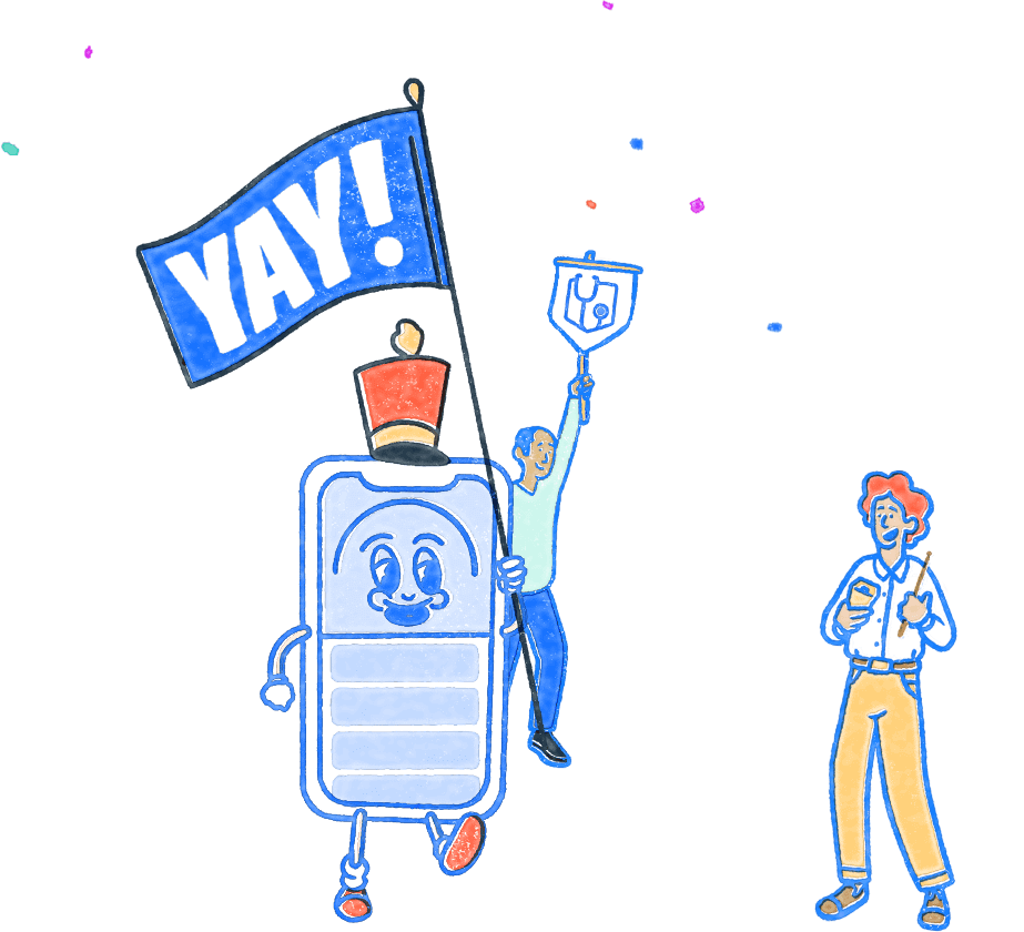 Pocket Prep phone mascot holding a 'Yay' banner and celebrating with two other people. Illustration.