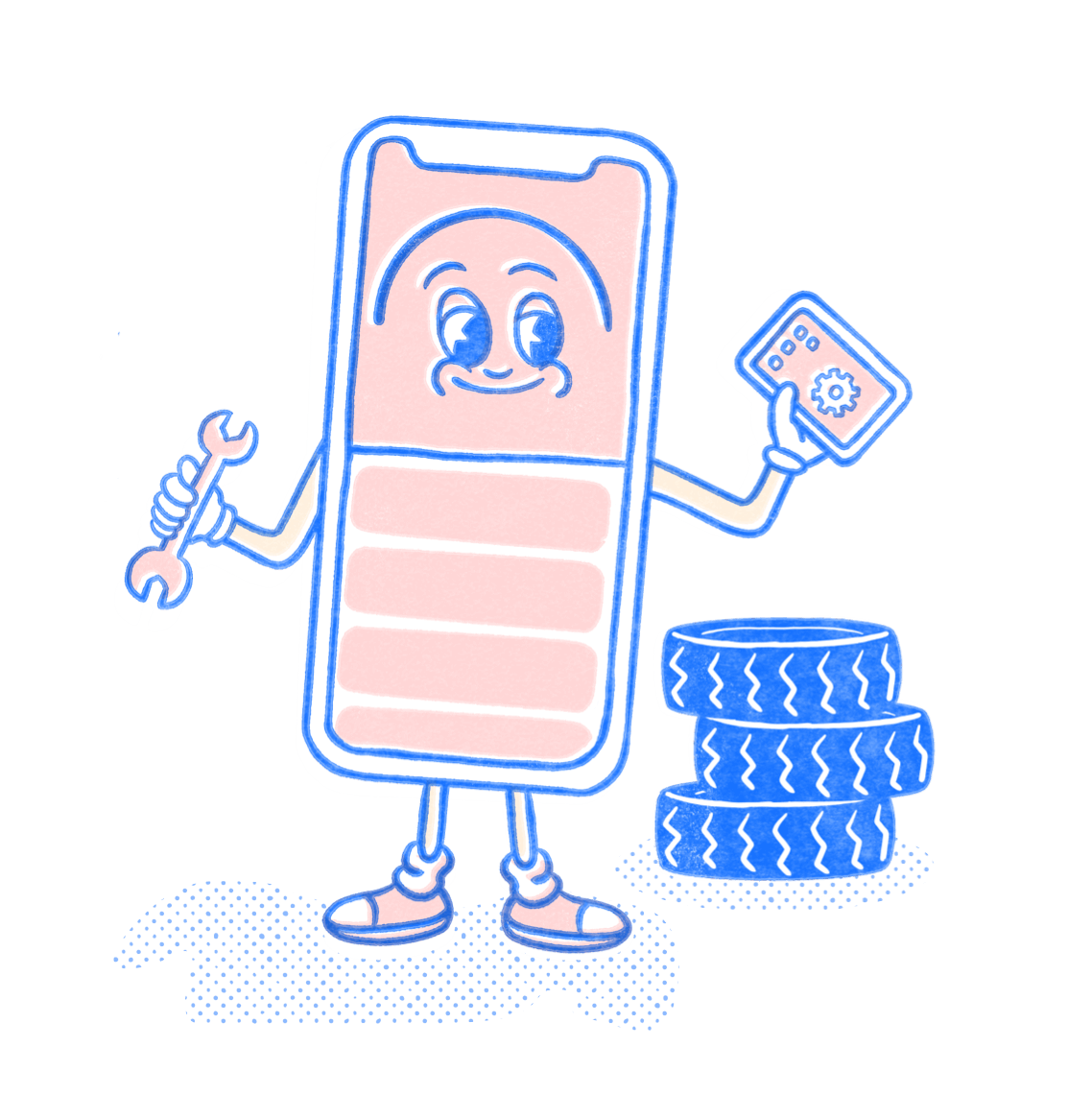 Automotive Pocket Prep mascot holding wrench and tablet. Illustration.