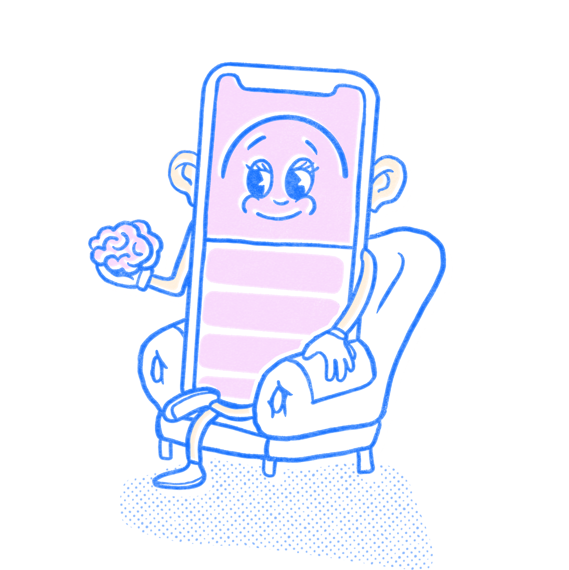 Behavioral Health Pocket Prep mascot sits in a chair with big ears and holds a brain. Illustration.