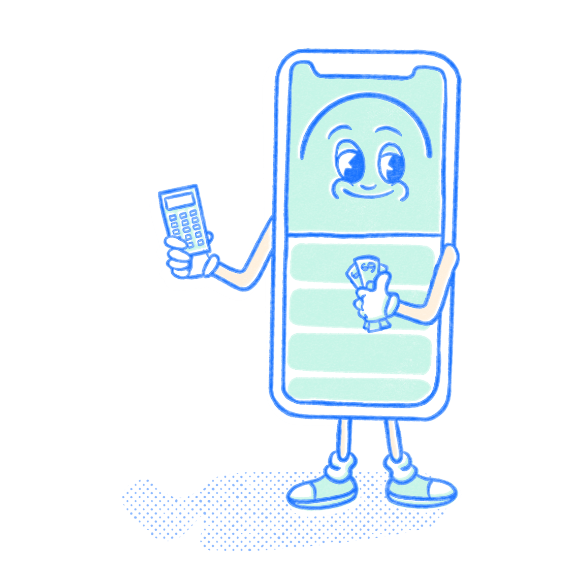 Finance Pocket Prep mascot holding a calculator and dollar bills. Illustration.