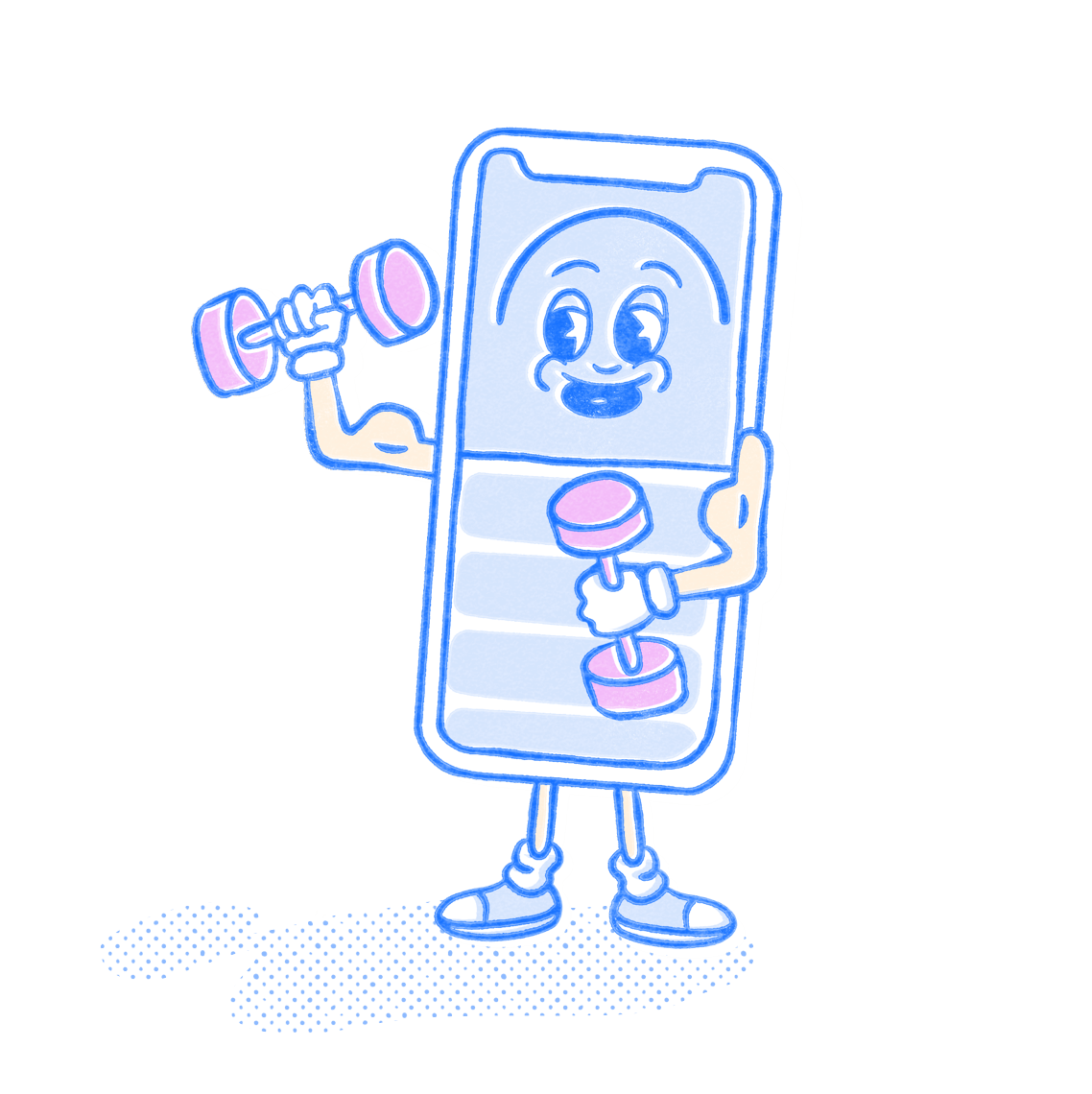 Fitness Pocket Prep mascot lifting dumbbells. Illustration.