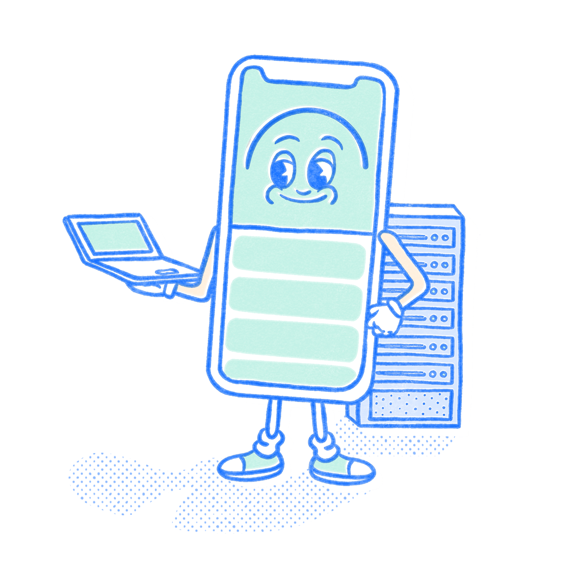 IT & Cybersecurity Pocket Prep mascot holding a laptop in front of a server rack. Illustration.