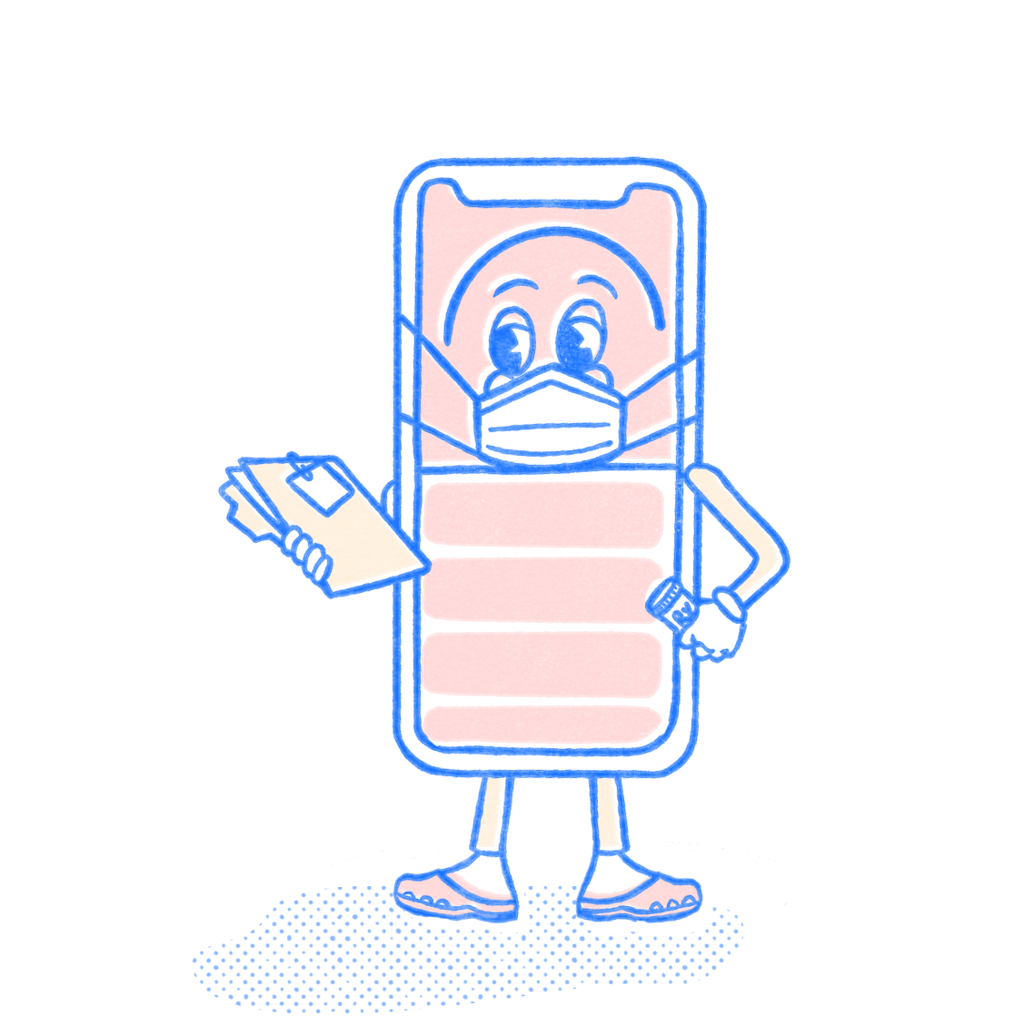 Nursing Pocket Prep mascot wearing a face mask and holding a patient file. Illustration.