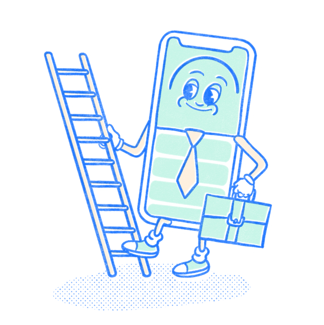 Professional Pocket Prep mascot holding a briefcase as they climb a ladder. Illustration.