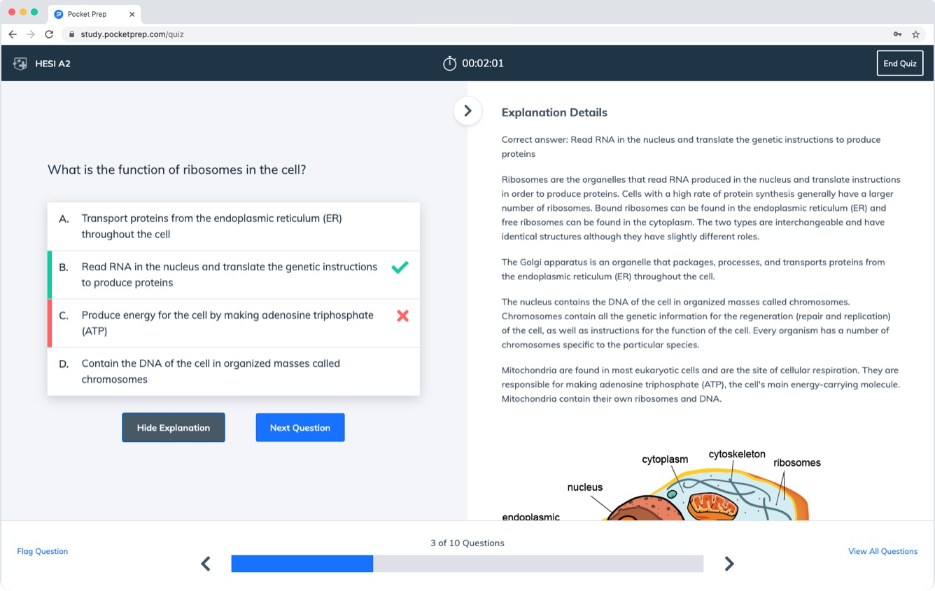 Pocket Prep web app showing multiple choice question with detailed explanation.