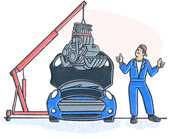 Mechanic looking at an oversized engine being lowered into a car with a crane. Illustration.
