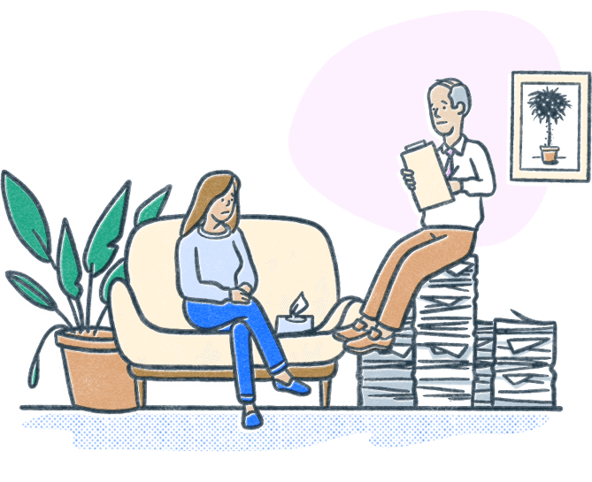 Clinical mental health counselor sits on a mound of papers across from a client in a counseling session. Illustration.