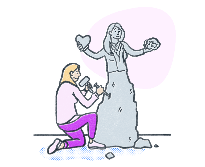 Woman chiseling stone into a statue to look like a behavioral health professional. Illustration.