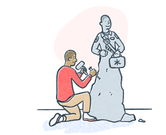 Man chiseling stone into a statue to look like an EMT professional. Illustration.