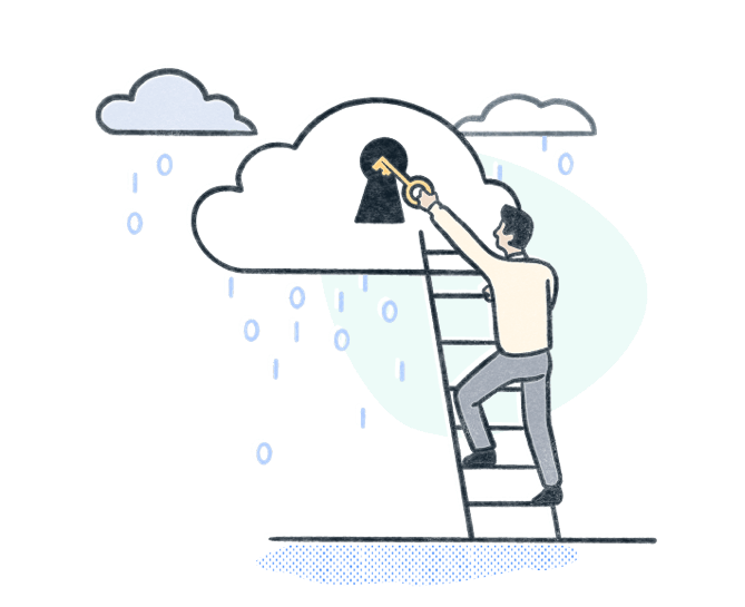 IT professional climbs a ladder to lock a cloud raining data with a key. Illustration.