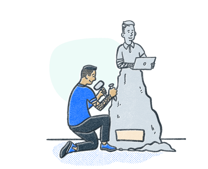 Man chiseling stone into a statue to look like an IT professional. Illustration.