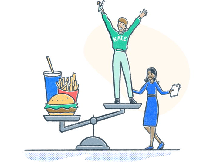 Dietitian stands by client standing on high end of an exaggerated scale. The lower end has a burger and fries. Illustration.