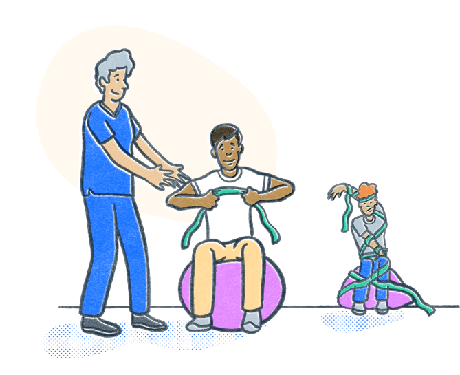 Physical therapist works with a client using resistance bands and an exercise ball while an unattended person in the background struggles. Illustration.