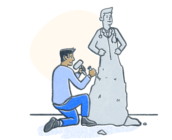 Man chiseling stone into a statue to look like a doctor. Illustration.