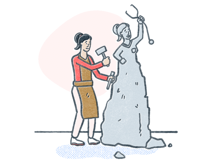 Woman chiseling stone into a statue to look like a nurse holding a stethoscope. Illustration.