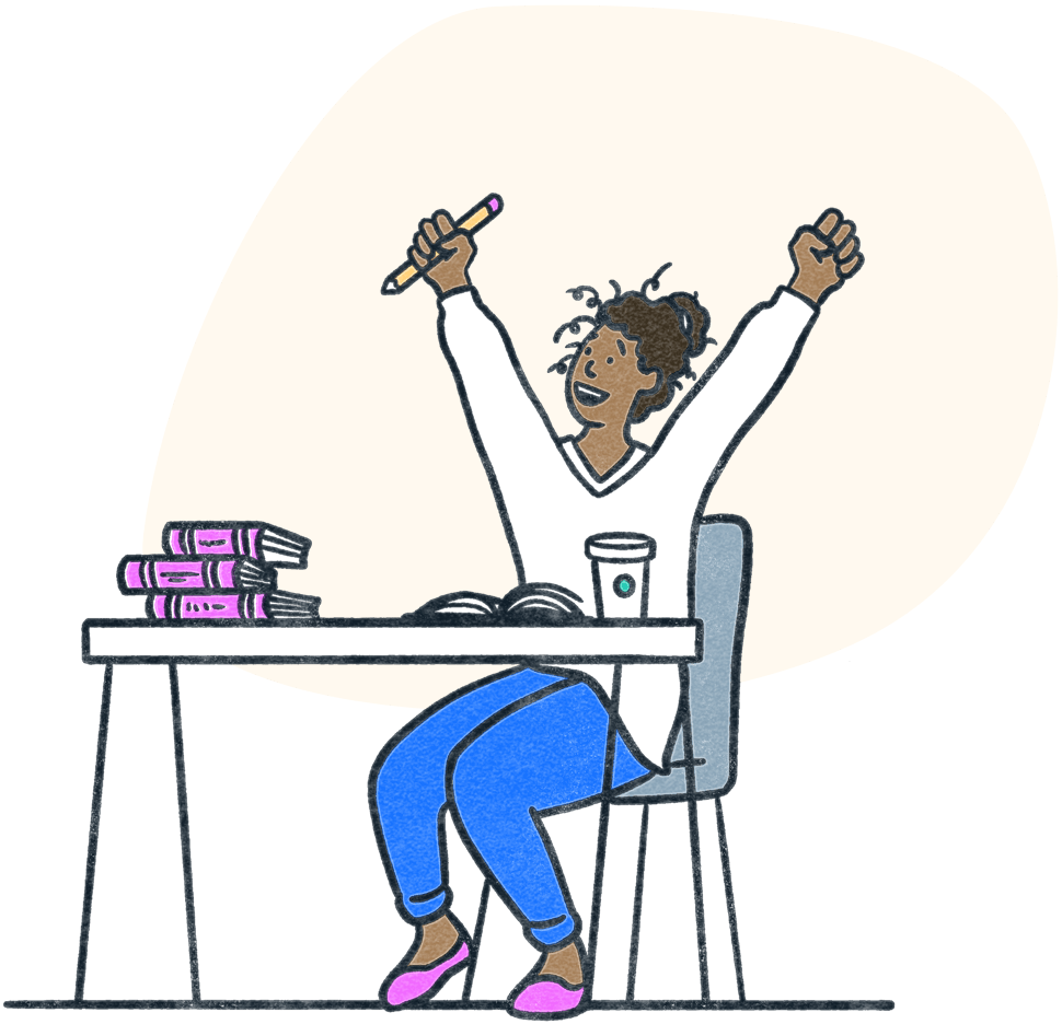 Student raises hands in triumph during a study session with books and coffee. Illustration.