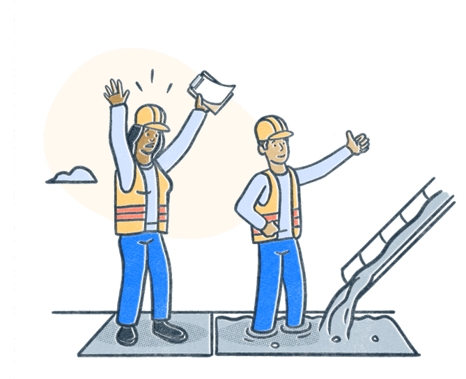 Certified safety professional throws hands in alert as oblivious colleague gives the okay to pour cement where that colleague stands. Illustration.