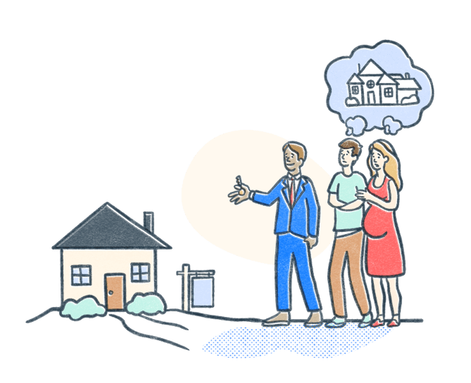 Real estate agent shows clients a modest house as clients dream of a grander home. Illustration.