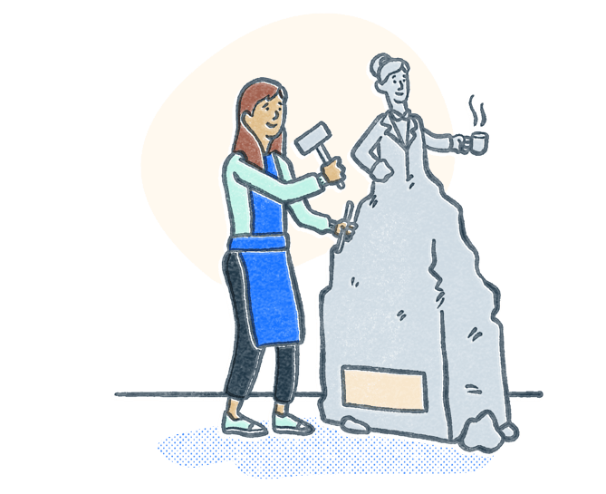 Woman chiseling stone into a statue to look like a professional. Illustration.