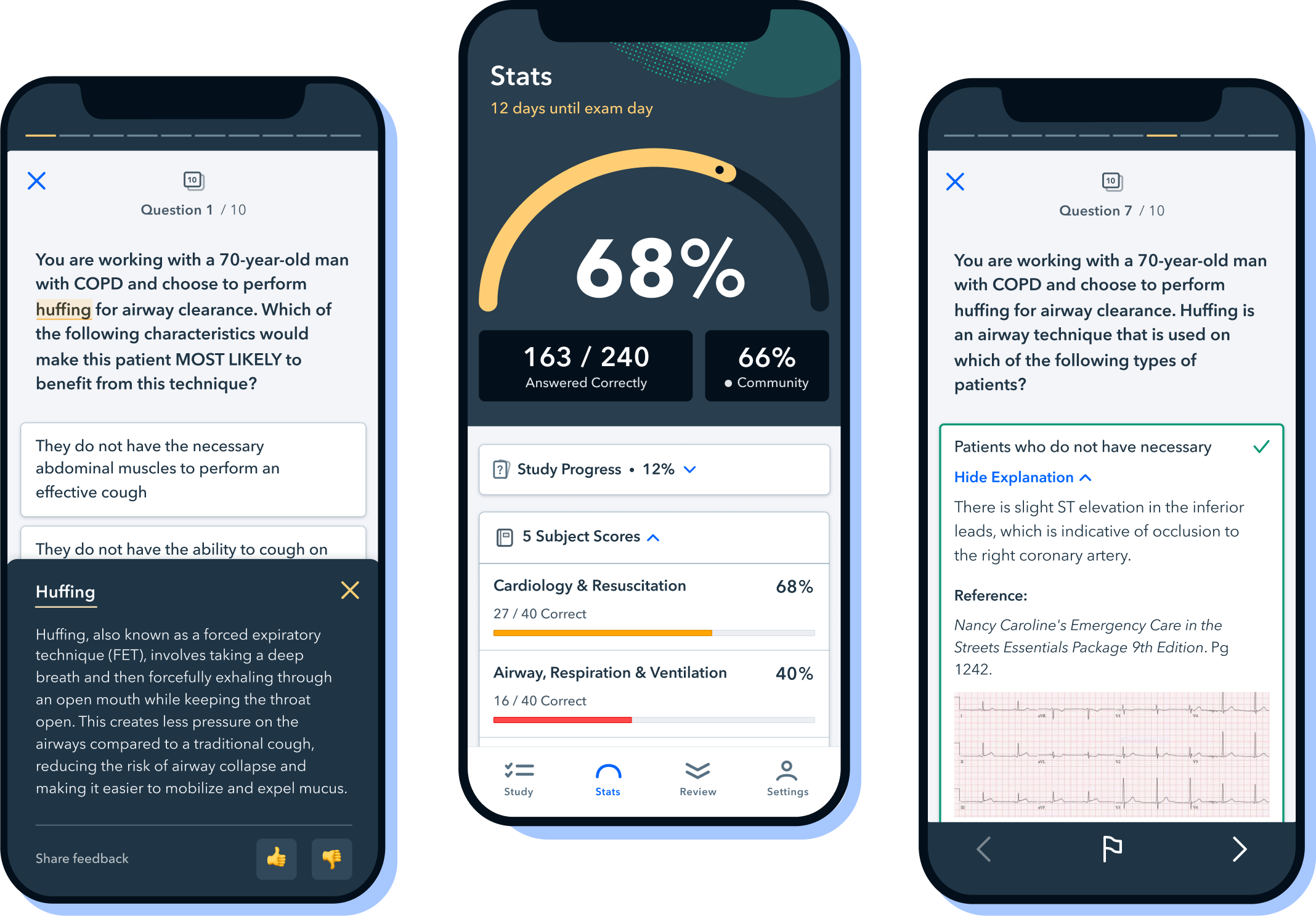 Three Pocket Prep phone screens. On the left a phone containing a selected keyword, in the middle a phone showing a student's study stats, and to the right a phone containing a correct selected answer and an open explanation and reference with an image.