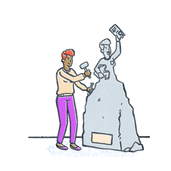Rotation of individuals chiseling stone into a statue to look like their future profession. Illustration.