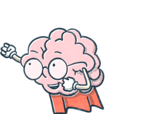 Pocket Prep brain mascot wears a red superhero cape and looks up while holding fists upward.