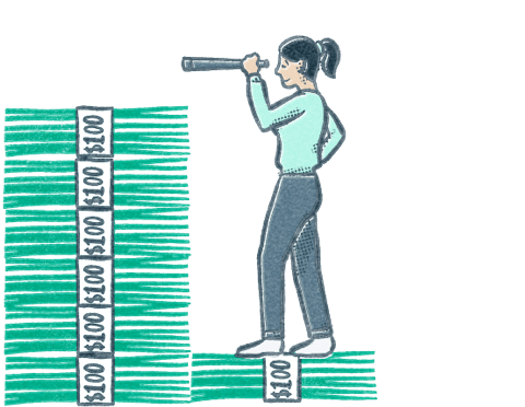 A person stands on stack of dollar bills to see over a much taller stack of dollar bills. Illustration.
