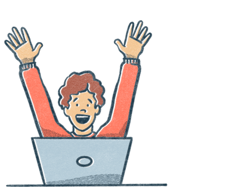 A person throws their hands up from behind a laptop. Illustration.