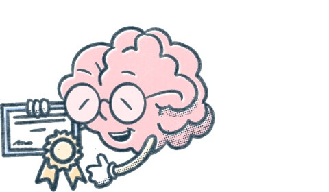 Pocket Prep brain mascot holds certification. Illustration.