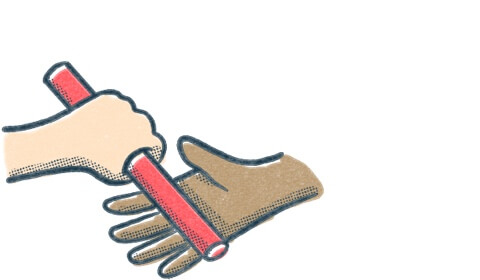One hand passes baton to another hand. Illustration.