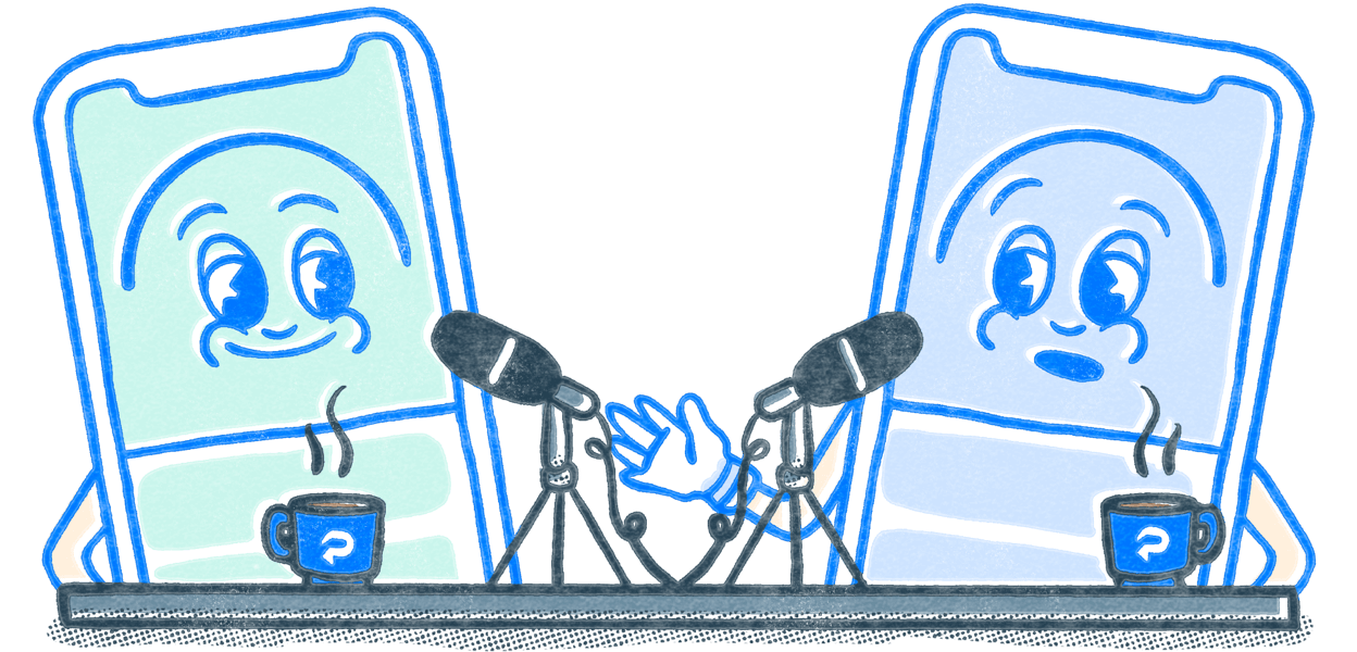 Two Pocket Prep mascots at a podcast desk with mics and coffee mugs. Illustration.