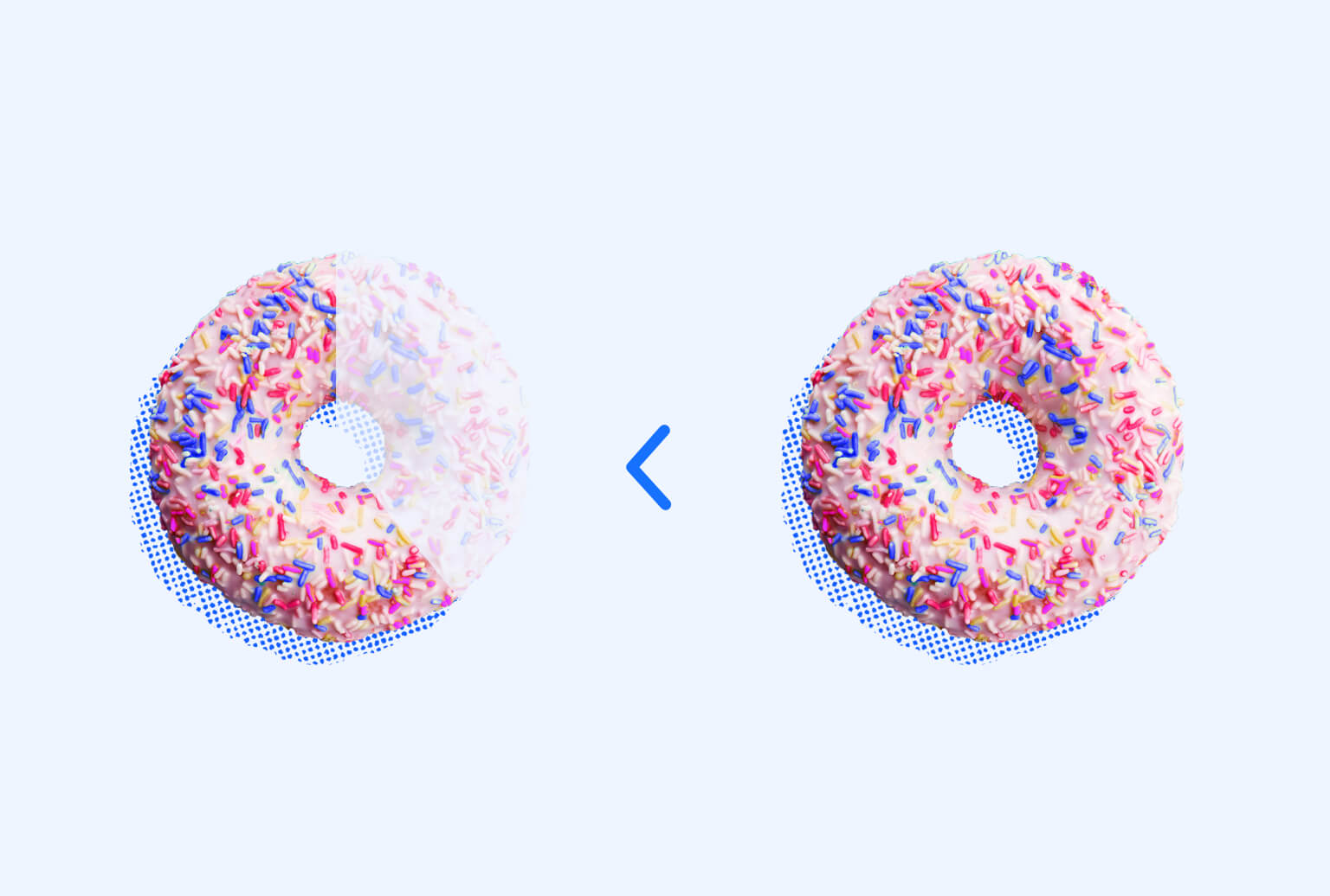 Side-by-side of two pink sprinkle donuts where one is missing two thirds and the other is whole. A greater than symbol appears in the middle.