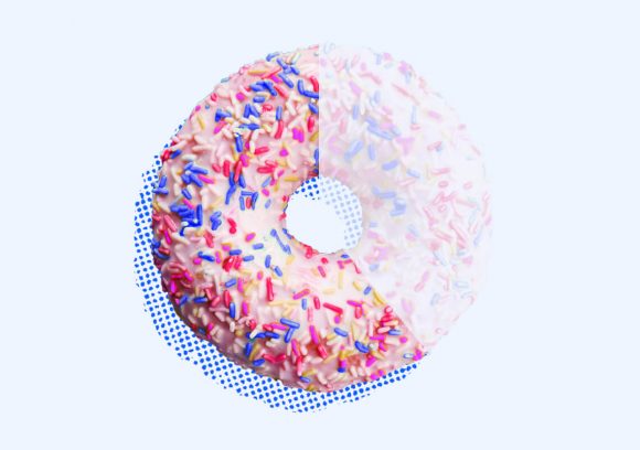 Pink frosted sprinkle donut missing showing two thirds greyed out.