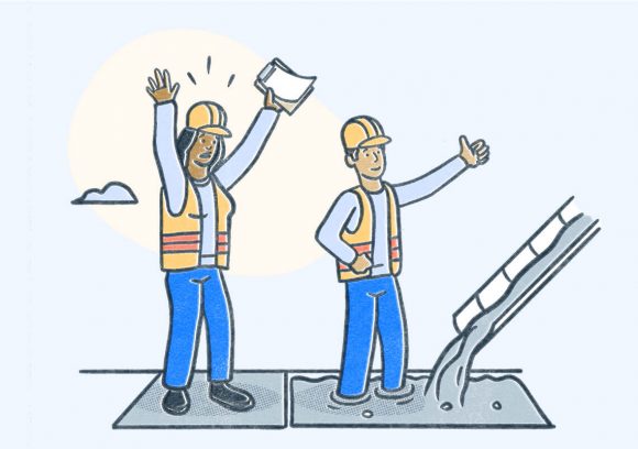 Certified safety professional throws hands in alert as oblivious colleague gives the okay to pour cement where that colleague stands. Illustration.