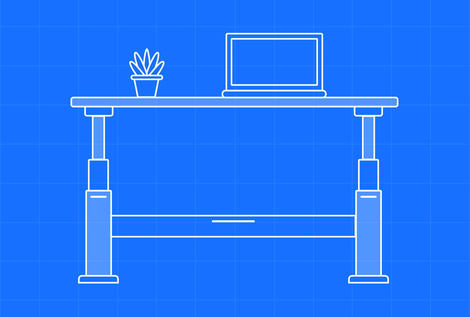 Simple outline of a standing desk with computer and plant on top. Illustration with blue background.