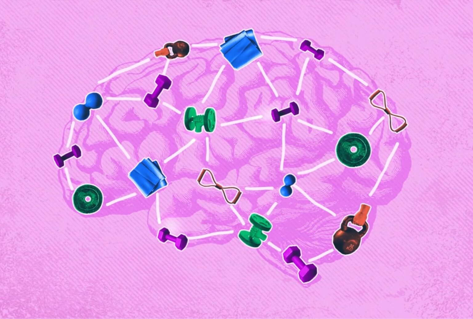 Brain illustration with various pieces of exercise equipment overlaid on top.