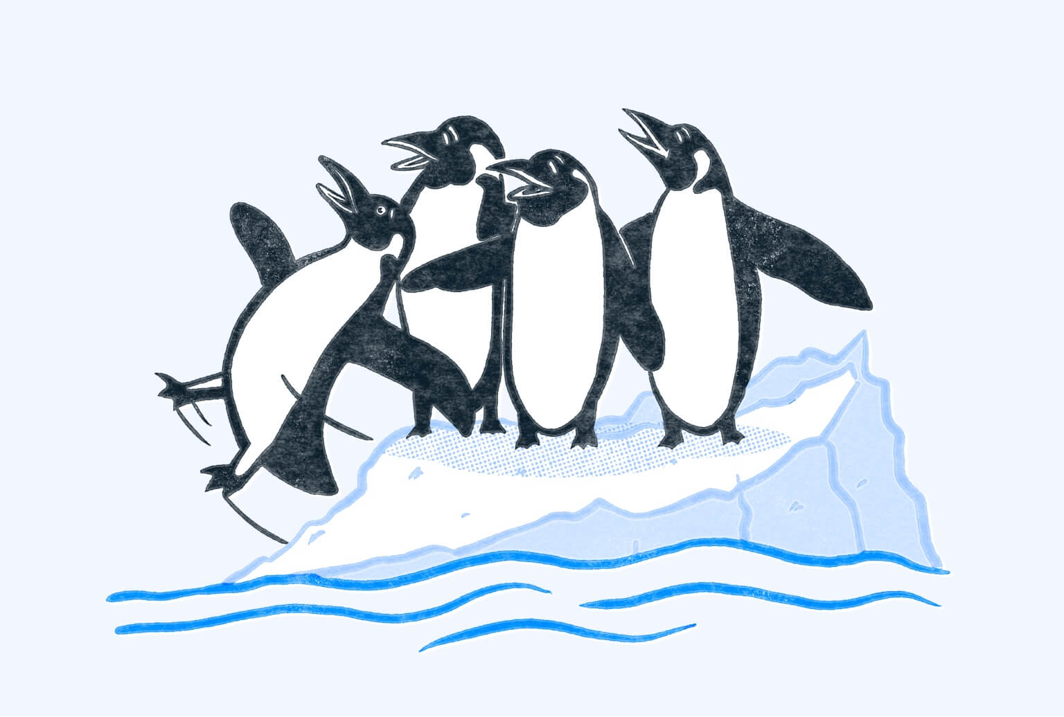 Four penguins on an iceberg. One is falling off the iceberg. Illustration.