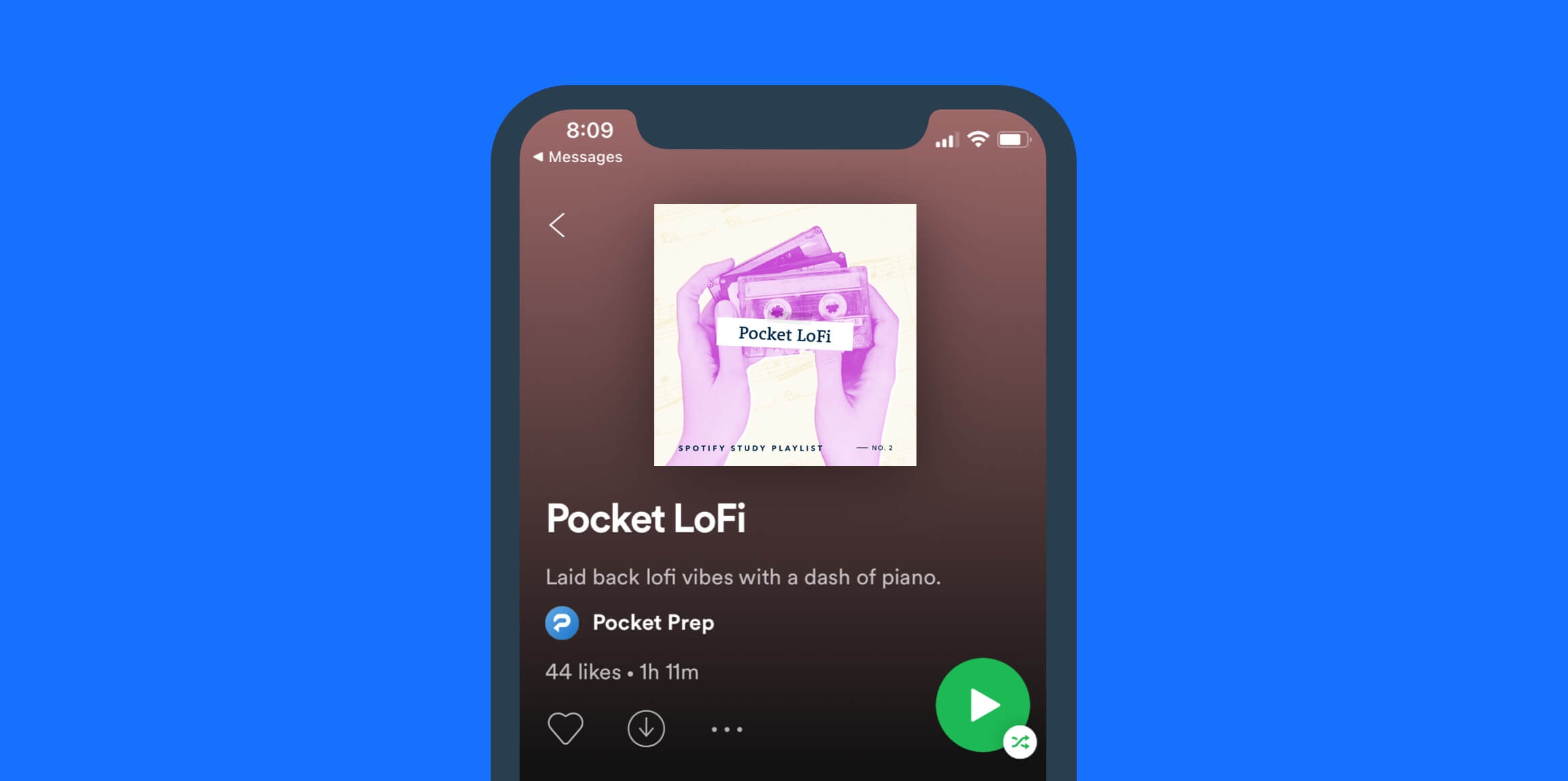 Phone with the Pocket Prep LoFi Spotify channel displayed.