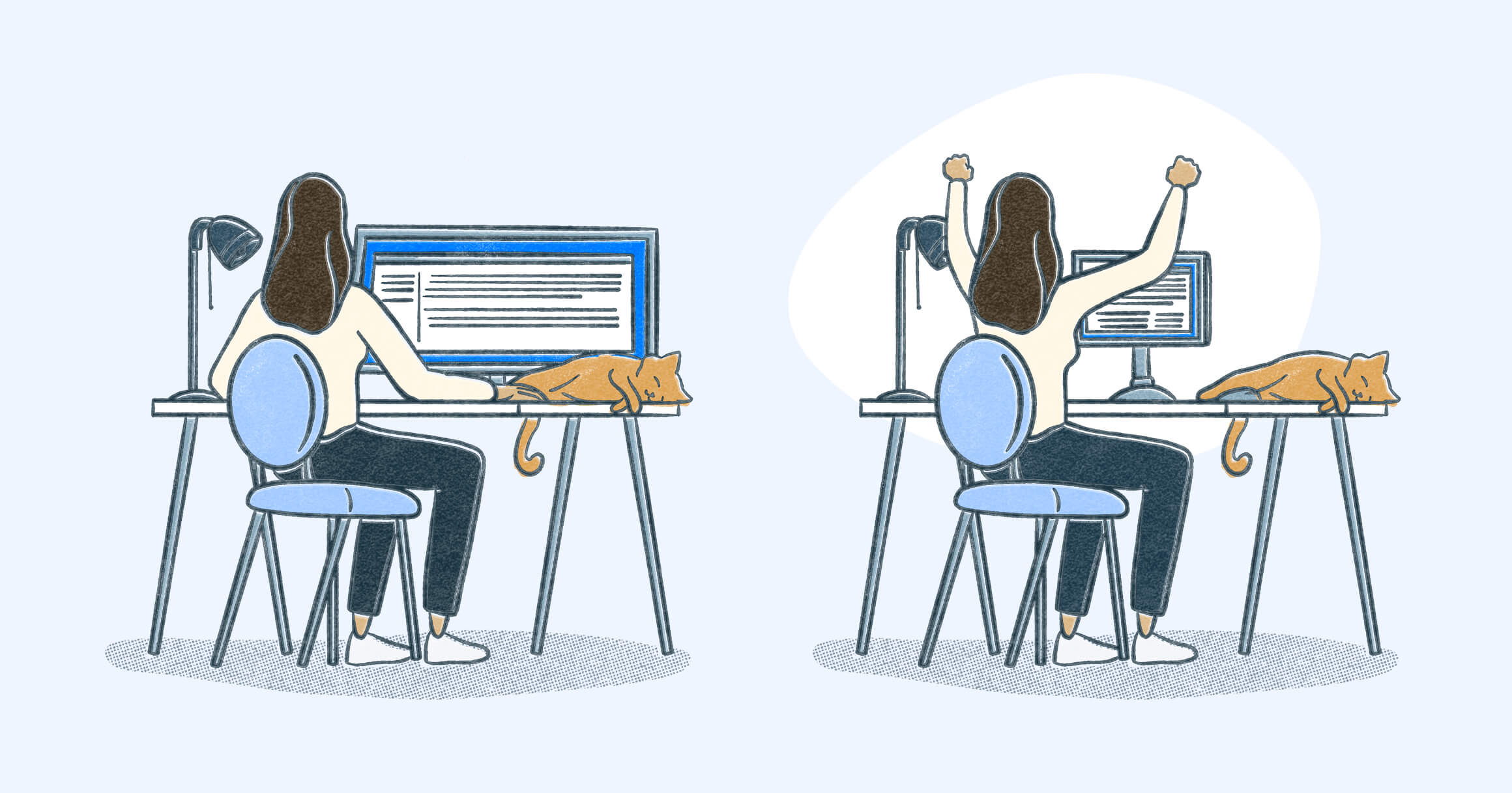 Side-by-side view - person sitting at desk with too large screen and person sitting at desk with the right size screen. Illustration.