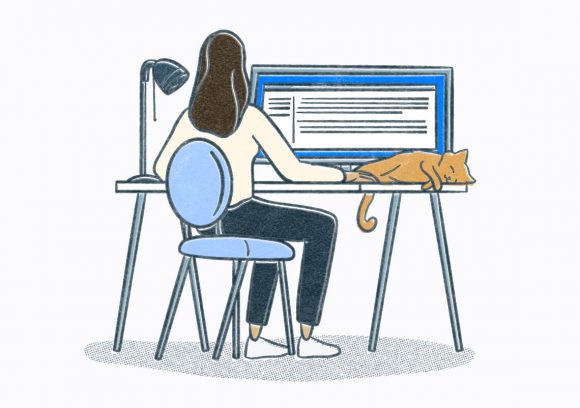 Person sitting at a desk with sleeping cat looking at a very large computer screen. Illustration.