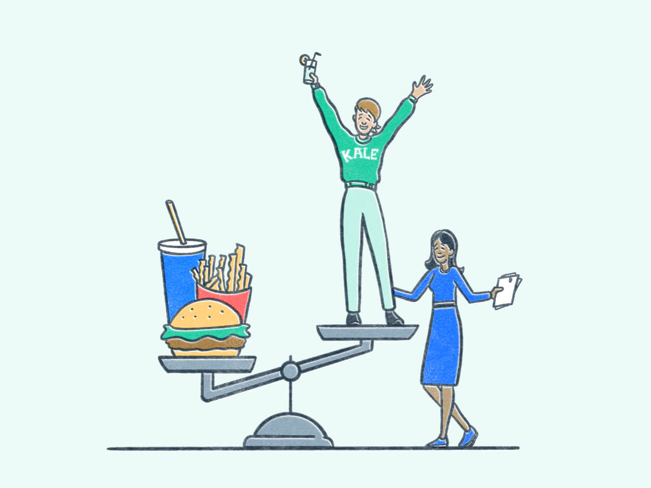 Person standing the high end of a scale with a burger and fries on the other. Illustration.