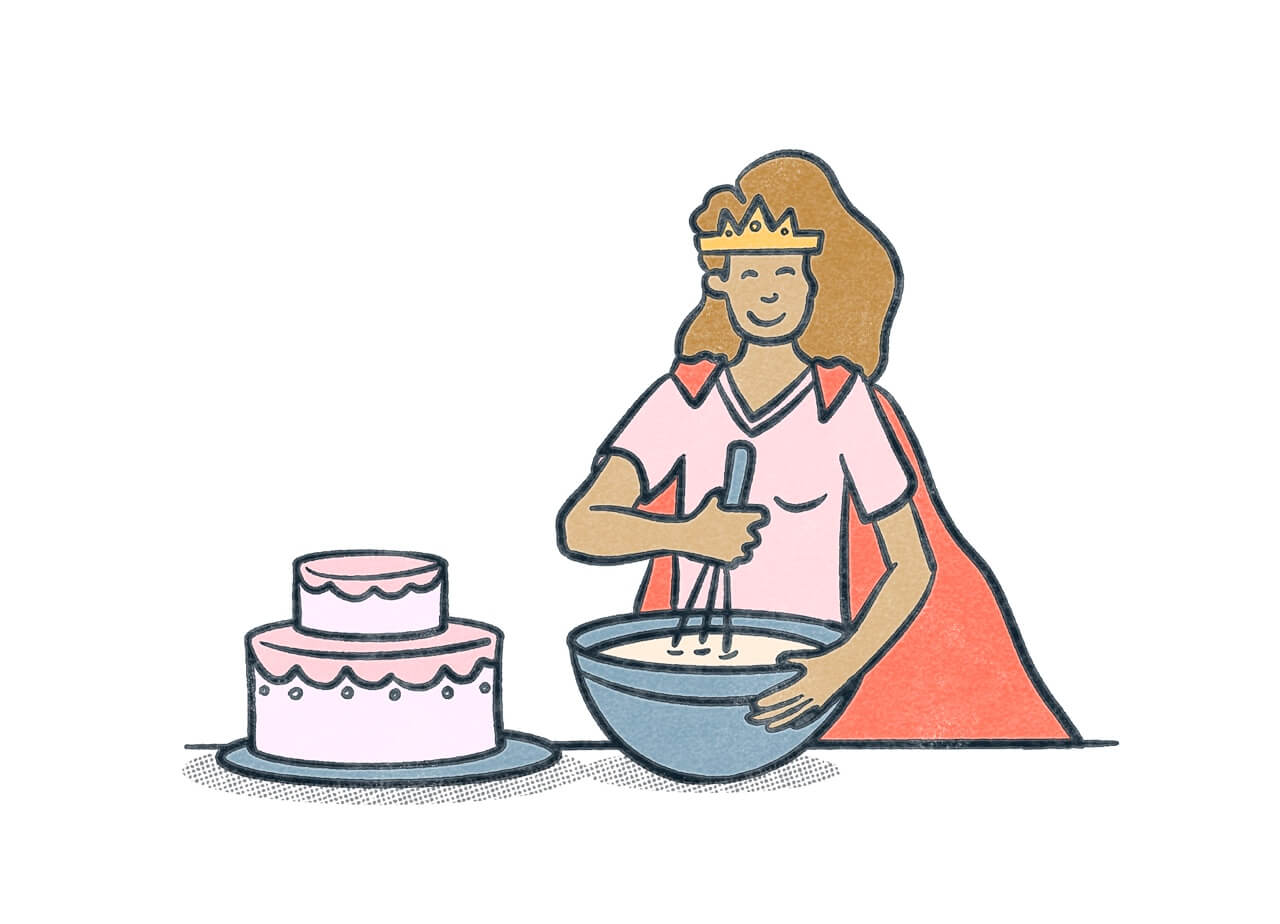 A person wearing a cape and crown mixing batter for a cake.