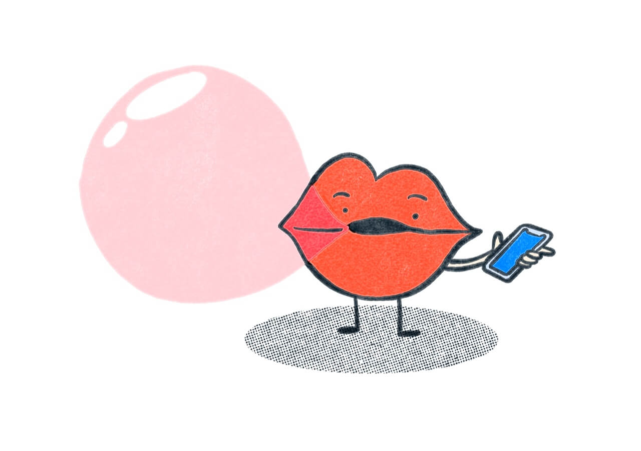 Red lips holding a phone and blowing a bubblegum bubble. Illustration.