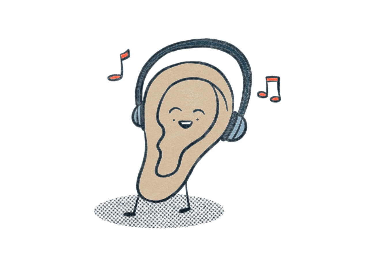 An ear wearing headphones listening to music. Illustration.