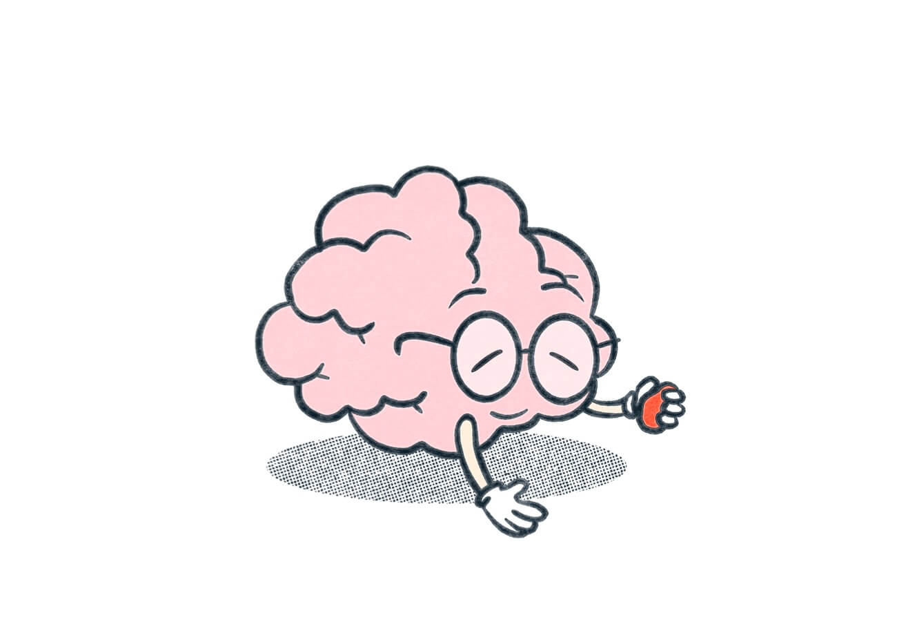 A brain wearing glasses and smiling while holding a stress ball. Illustration.