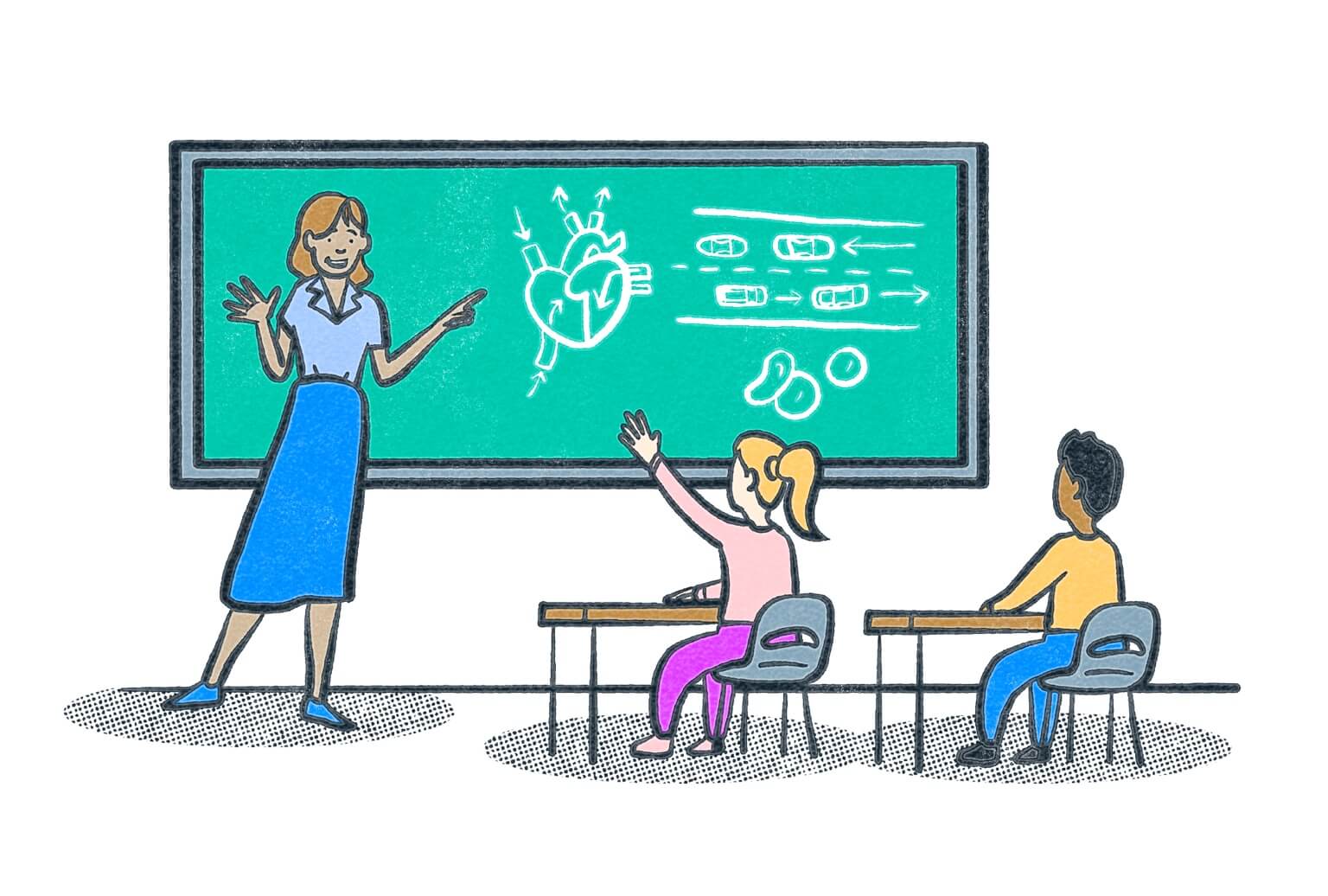 A teacher standing in front of a chalkboard with two students in a classroom. Illustration.