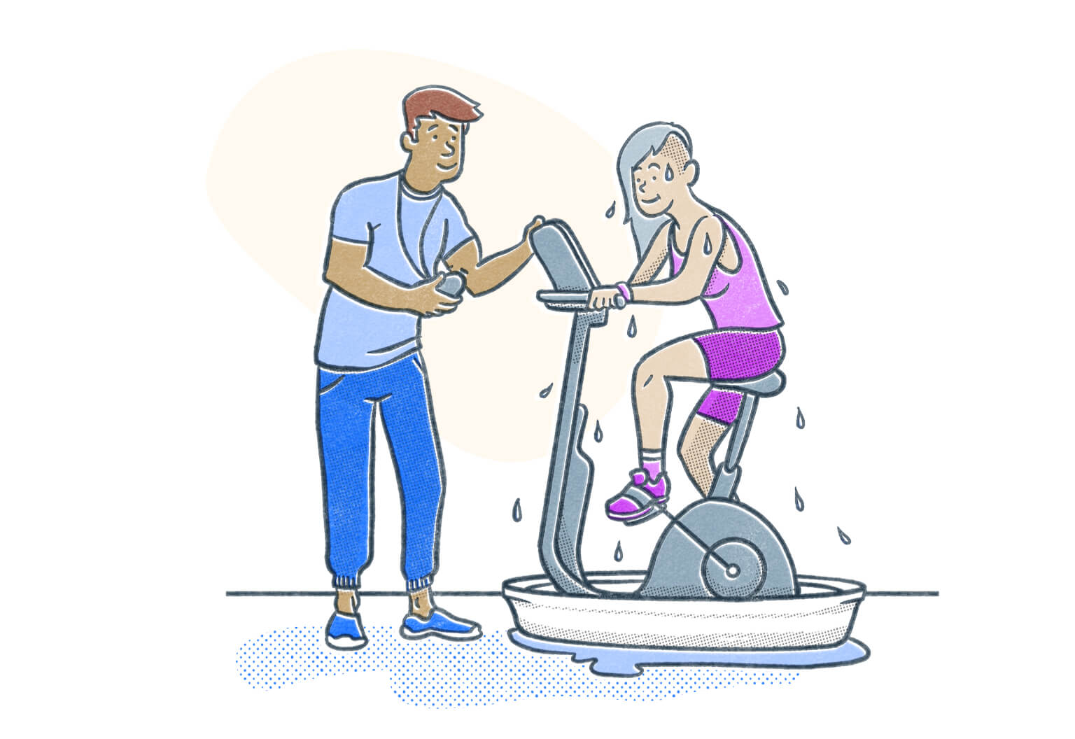 Certified Personal Trainer working with client sweating puddles on an exercise bike. Illustration.