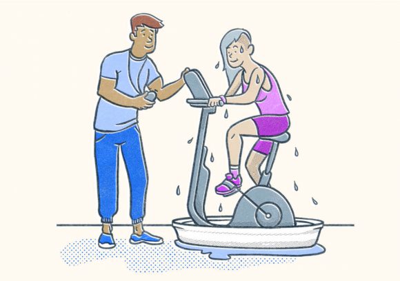 Certified Personal Trainer working with client sweating puddles on an exercise bike. Illustration.